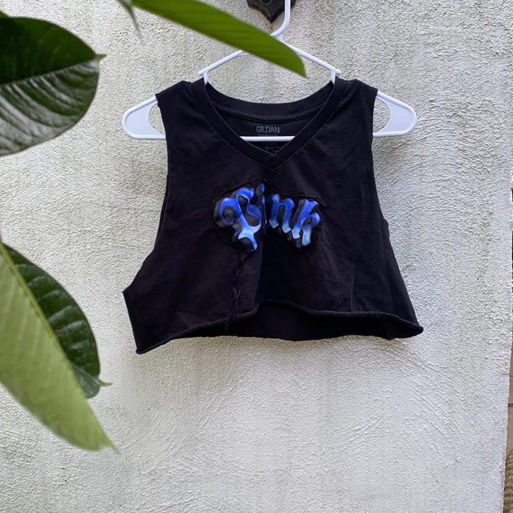 Black Crop Top V Neck Blue Design Sz M